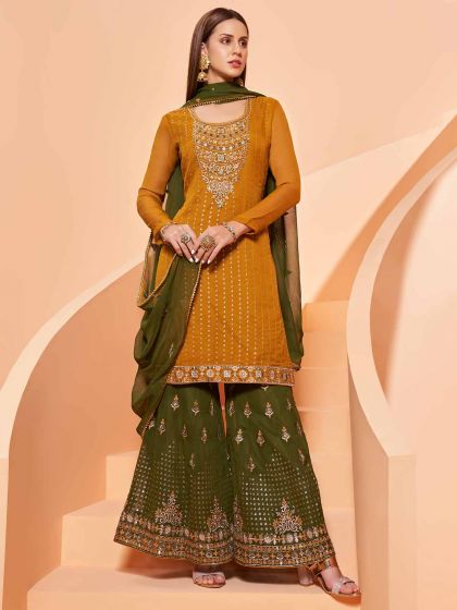 Mustard Yellow Colour Georgette Fabric Palazzo Salwar Suit.