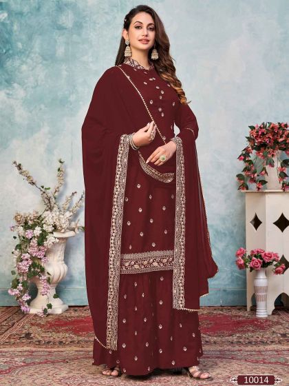 Art Silk Fabric Sharara Salwar Kameez Maroon Colour.