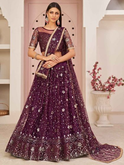 Net Fabric Women Lehenga Choli Wine Colour.