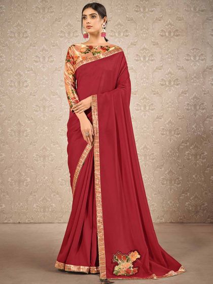 Red Colour Satin,Silk Fabric Digital Print Saree.