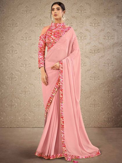 Pink Colour Chiffon Fabric Party Wear Saree.