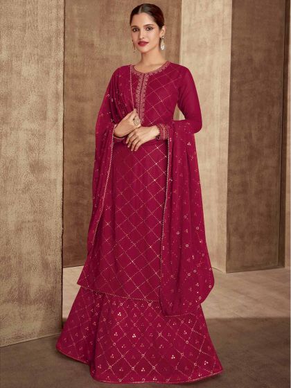 Maroon Colour Party Wear Sharara Salwar Suit in Georgette Fabric.