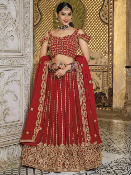 Red,Maroon Colour Georgette Fabric Wedding Lehenga Choli.