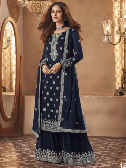 Blue Colour Georgette Fabric Palazzo Suit Online