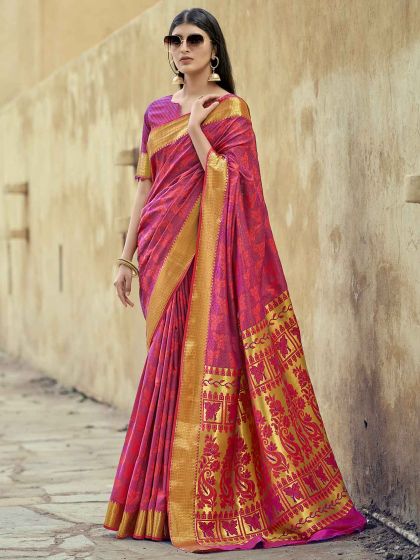 Red Colour Indian Designer Saree in Banarasi Silk Fabric.