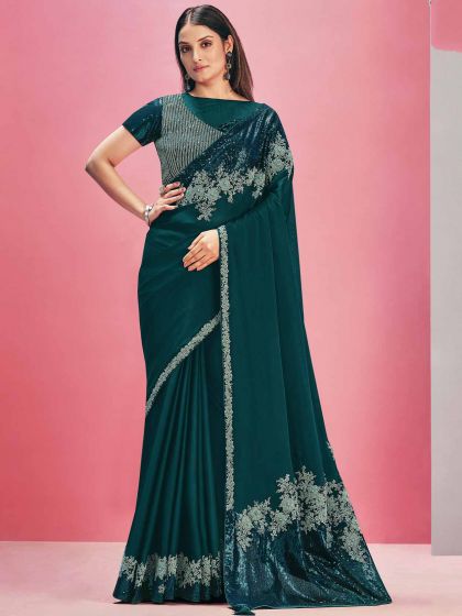 Rama Green Colour Raw Silk,Net Fabric Designer Saree.