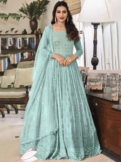 Pista Green Color Anarkali Suit in Georgette Fabric