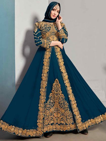 Teal Blue Color Anarkali Suit in Georgette Fabric