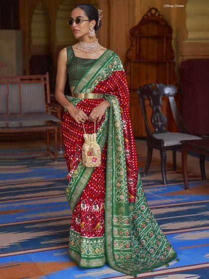 Red,Green Colour Patola Silk Designer Saree.