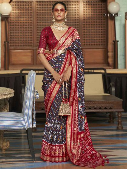 Blue,Red Colour Patola Silk Fabric Saree.