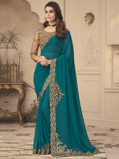 Rama Green Colour Silk Designer Saree.