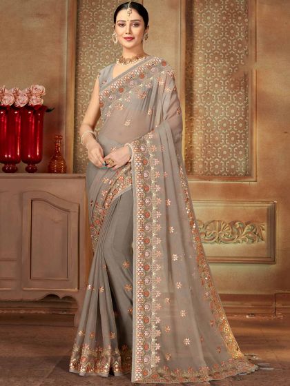 Grey Colour Chiffon Fabric Embroidery Sarees.