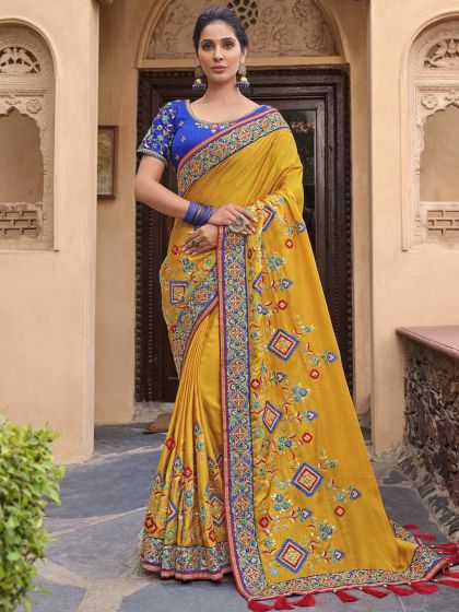Yellow in Satin,Georgette Fabric Indian Wedding Saree.