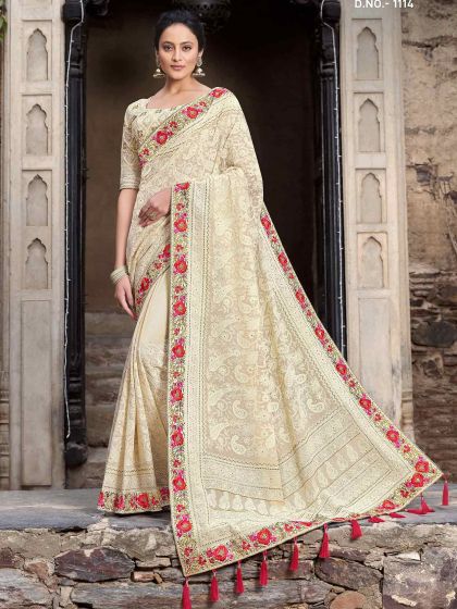 Cream Colour Satin,Georgette Fabric Saree.