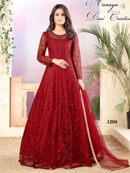 Red Colour Designer Anarkali Salwar Suit in Net Fabric.