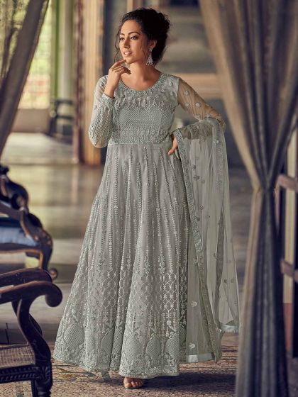 Grey Colour Net,Satin Fabric Anarkali Salwar Kameez.