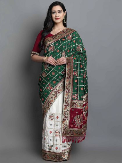 Off White,Green Colour Silk Traditional Saree.