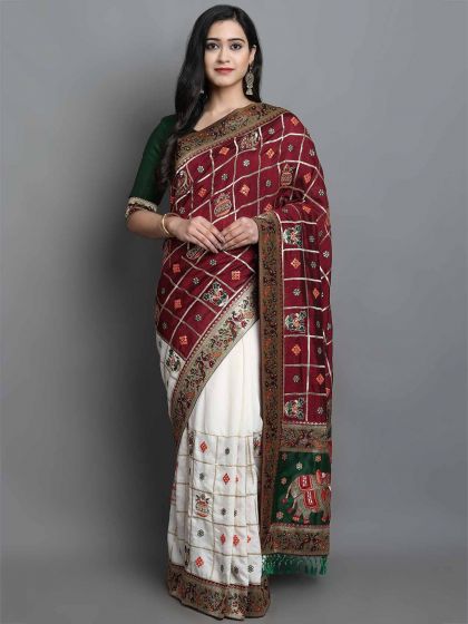 Off White,Maroon Colour Silk Saree.