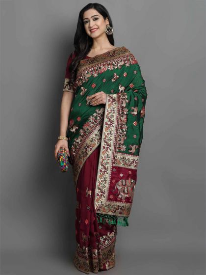 Maroon,Green Colour Silk Designer Saree.