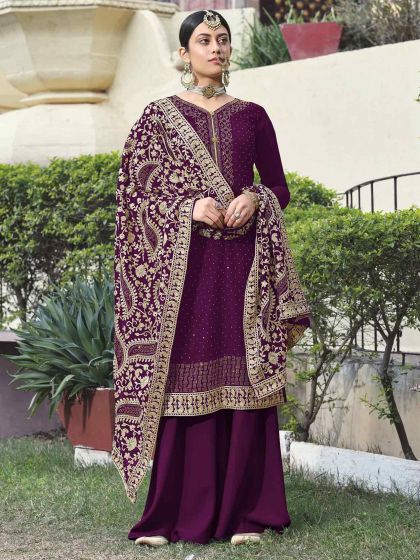 Georgette Salwar Kameez in Wine Colour.