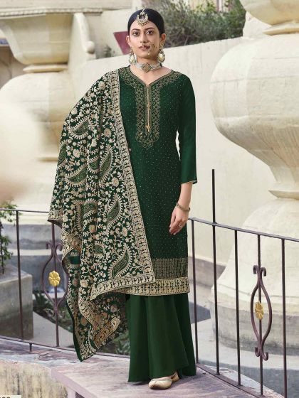 Green in Georgette Palazzo Salwar Kameez.