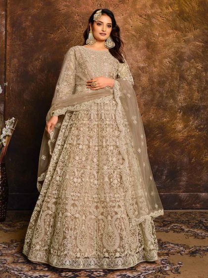 Beige in Net Designer Anarkali Salwar Suit with Thread,Embroidery Work.