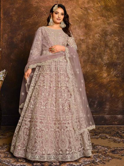 Net Anarkali Salwar Kameez in Light Purple Colour.