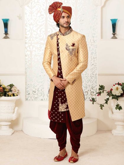 Golden Colour Brocade Fabric Mens Sherwani.