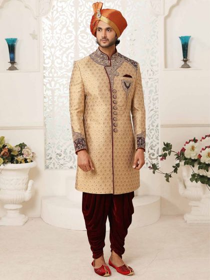 Golden Colour Brocade Fabric Wedding Sherwani.
