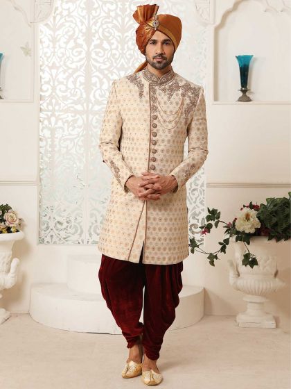 Brocade Fabric Mens Sherwani Cream Colour.