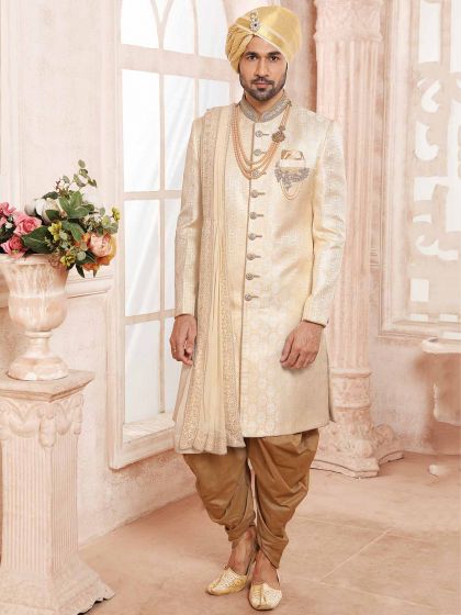 Cream Colour Brocade Fabric Designer Groom Sherwani.