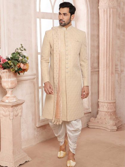 Cream Colour Silk Fabric Wedding Sherwani.