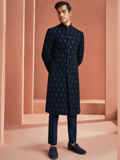 Blue Printed Indowestern For Men