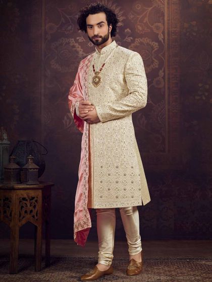 Beige,Golden Colour Silk Fabric Groom Sherwani.