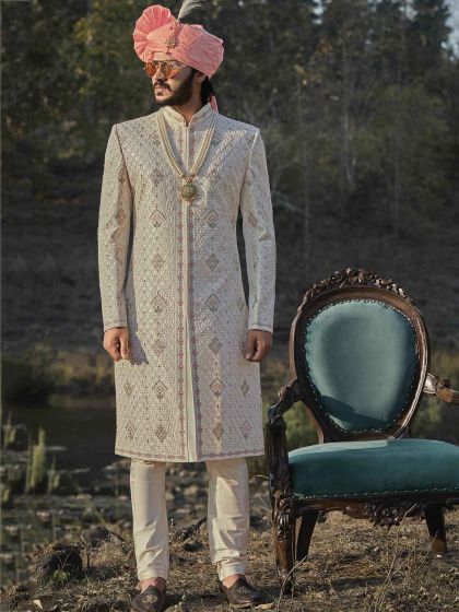 Cream Colour Silk Indian Designer Sherwani.