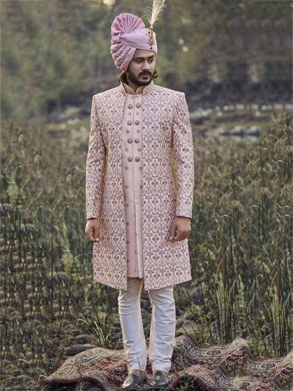 Pink Colour Silk Fabric Men's Sherwani.