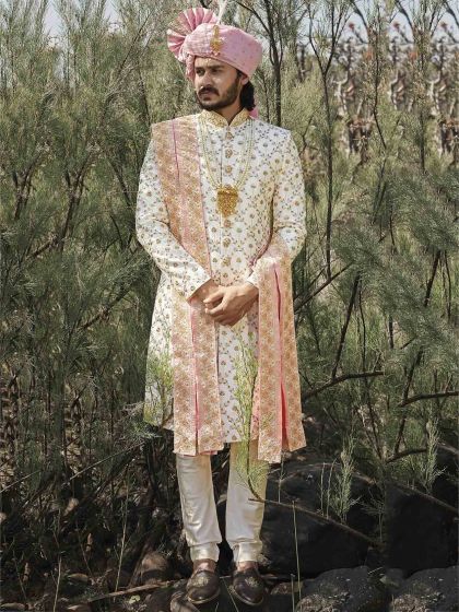 Cream Colour Silk Indian Wedding Sherwani.