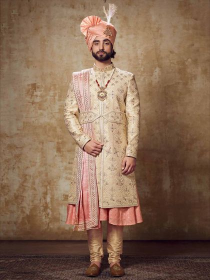 Golden Colour Silk Indian Groom Sherwani.