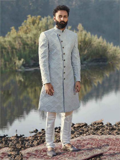 Sky Blue Colour Silk Men's Sherwani.