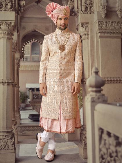 Readymade Cream Embroidered Mens Sherwani Set