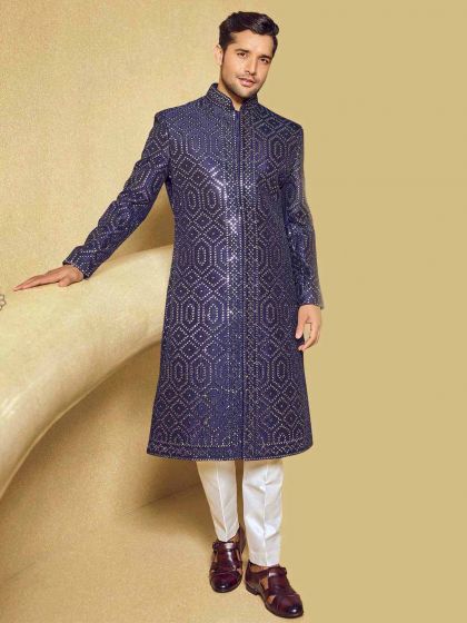 Blue Colour Silk,Imported Fabric Mens Sherwani.