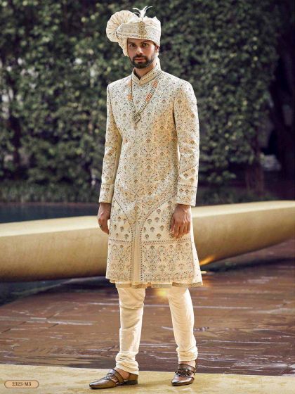 Groom Sherwani Cream,Golden Colour in Silk,Imported Fabric.