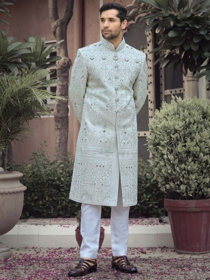 Grey Embroidered Mens Readymade Sherwani