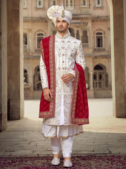 White Embroidered Mens Readymade Sherwani With Stole