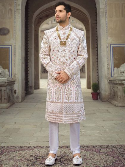 Readymade White Thread Embroidered Mens Sherwani