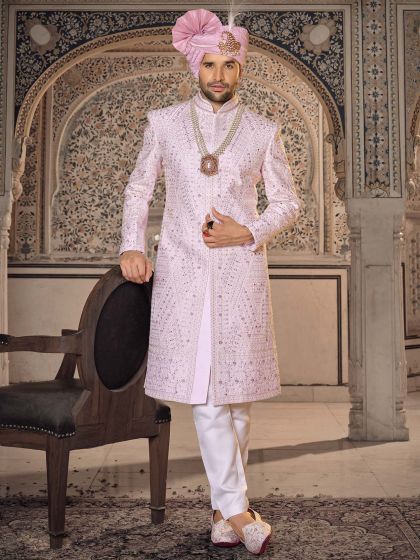 Pink Readymade Thread Embroidered Mens Sherwani