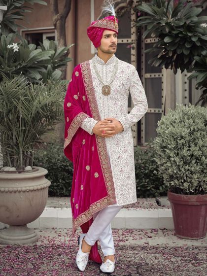 White Readymade Thread Embroidered Sherwani With Stole