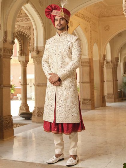 Cream Readymade Embroidered Sherwani With Anarkali Kurta