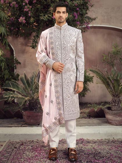 Readymade White Embroidered Groom Sherwani Set With Stole