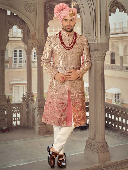 Pink Readymade Zari Embroidered Groom Sherwani Set